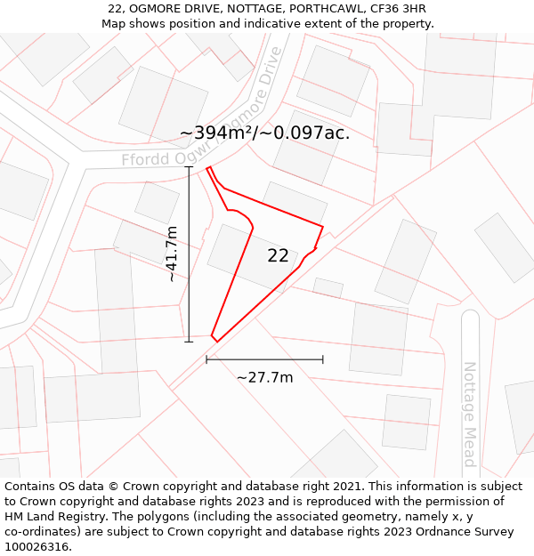 22, OGMORE DRIVE, NOTTAGE, PORTHCAWL, CF36 3HR: Plot and title map