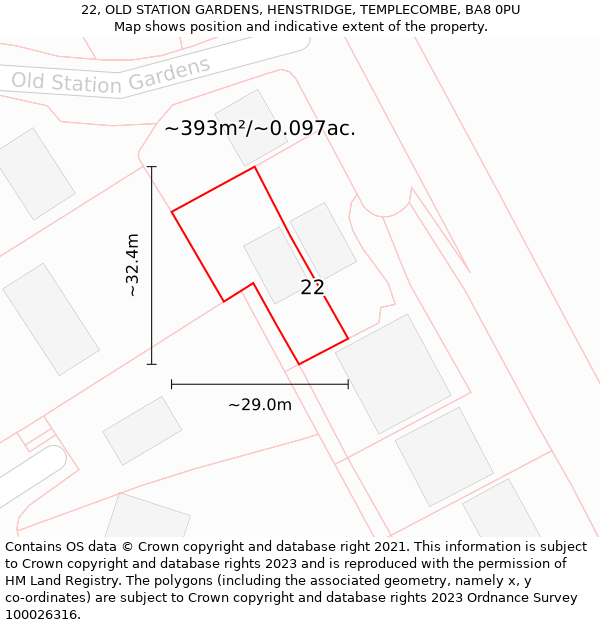 22, OLD STATION GARDENS, HENSTRIDGE, TEMPLECOMBE, BA8 0PU: Plot and title map