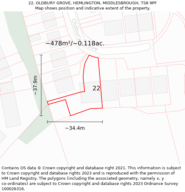 22, OLDBURY GROVE, HEMLINGTON, MIDDLESBROUGH, TS8 9PF: Plot and title map