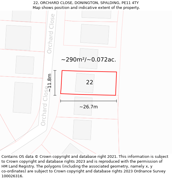 22, ORCHARD CLOSE, DONINGTON, SPALDING, PE11 4TY: Plot and title map