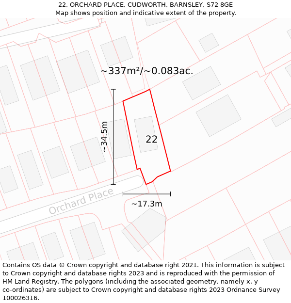 22, ORCHARD PLACE, CUDWORTH, BARNSLEY, S72 8GE: Plot and title map