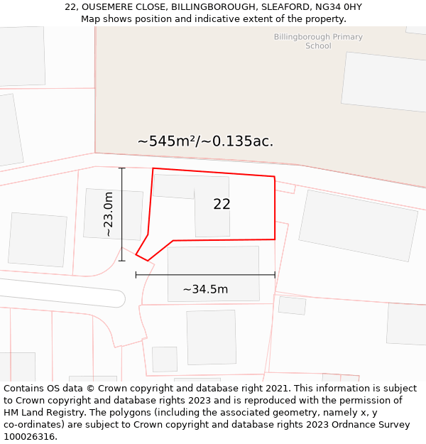 22, OUSEMERE CLOSE, BILLINGBOROUGH, SLEAFORD, NG34 0HY: Plot and title map