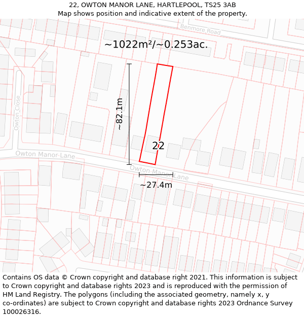 22, OWTON MANOR LANE, HARTLEPOOL, TS25 3AB: Plot and title map