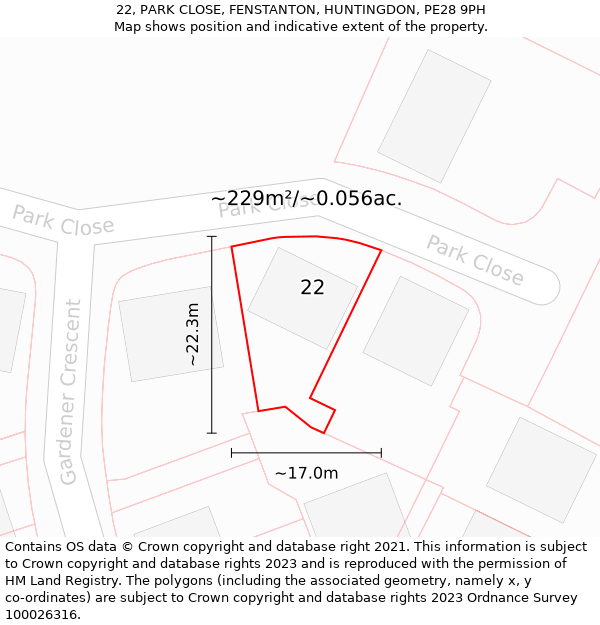 22, PARK CLOSE, FENSTANTON, HUNTINGDON, PE28 9PH: Plot and title map