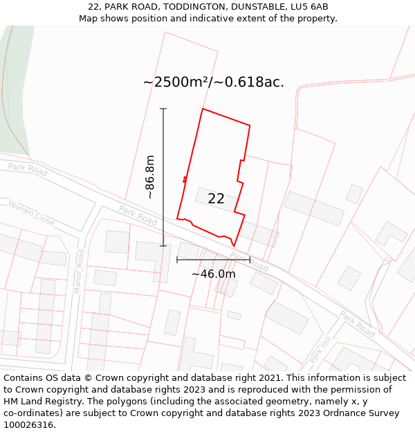 22, PARK ROAD, TODDINGTON, DUNSTABLE, LU5 6AB: Plot and title map