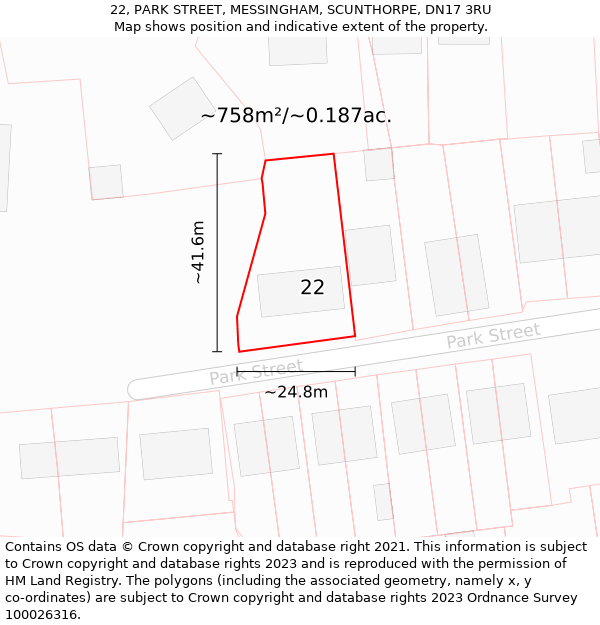 22, PARK STREET, MESSINGHAM, SCUNTHORPE, DN17 3RU: Plot and title map