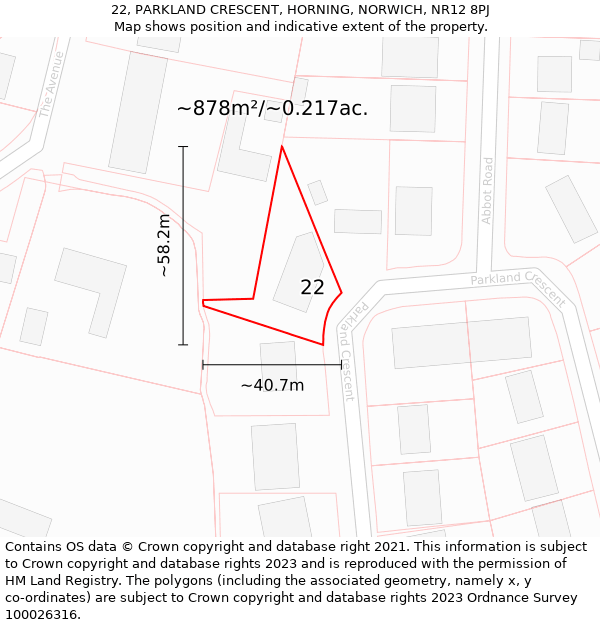 22, PARKLAND CRESCENT, HORNING, NORWICH, NR12 8PJ: Plot and title map