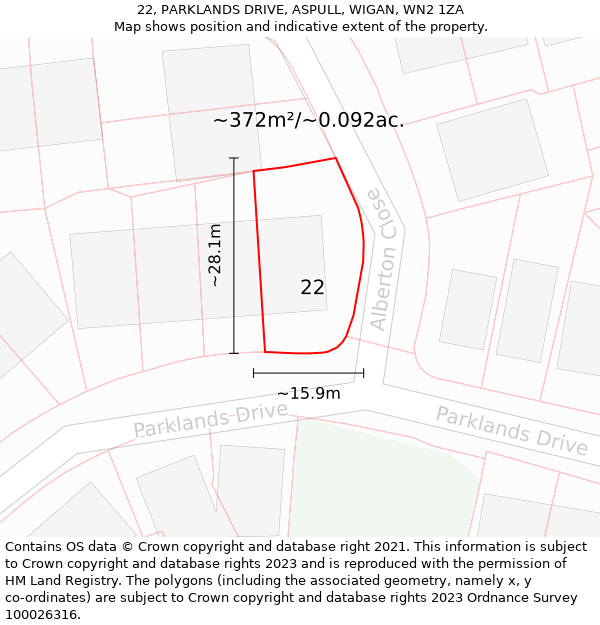 22, PARKLANDS DRIVE, ASPULL, WIGAN, WN2 1ZA: Plot and title map