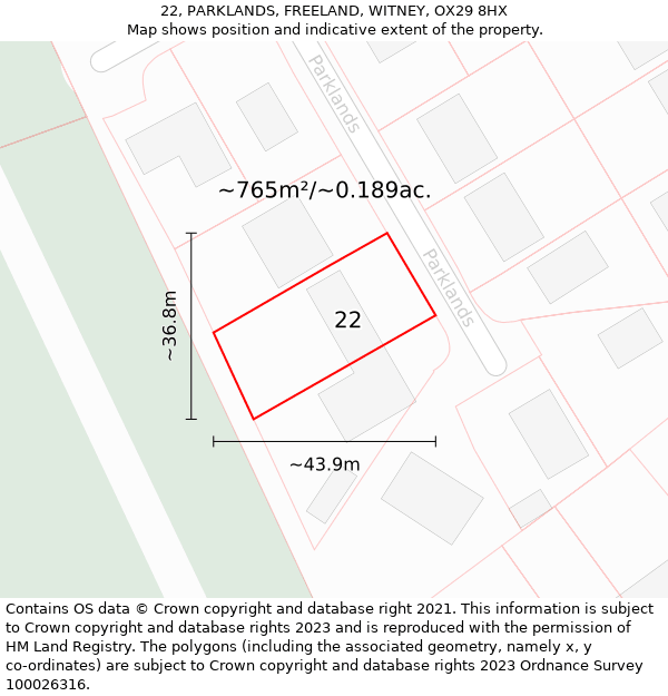 22, PARKLANDS, FREELAND, WITNEY, OX29 8HX: Plot and title map