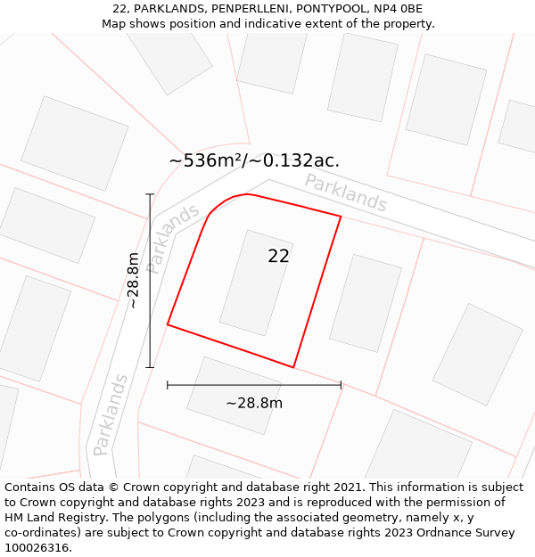 22, PARKLANDS, PENPERLLENI, PONTYPOOL, NP4 0BE: Plot and title map