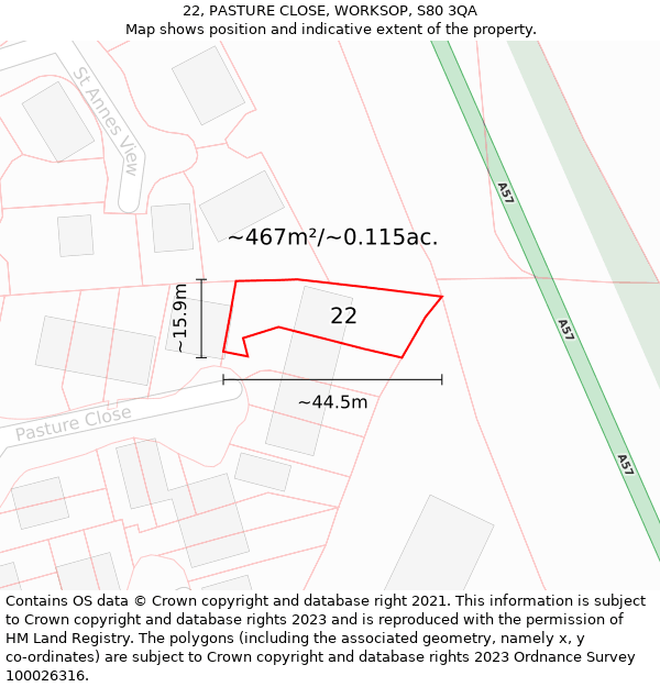 22, PASTURE CLOSE, WORKSOP, S80 3QA: Plot and title map