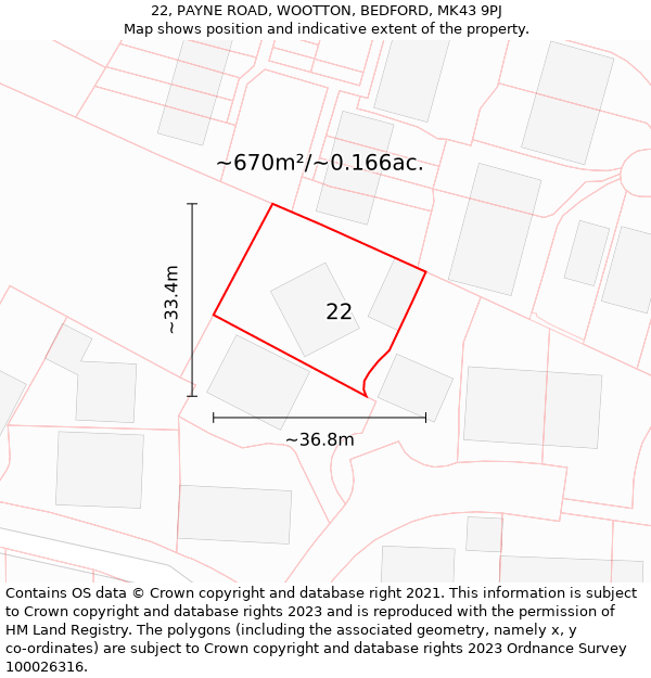 22, PAYNE ROAD, WOOTTON, BEDFORD, MK43 9PJ: Plot and title map