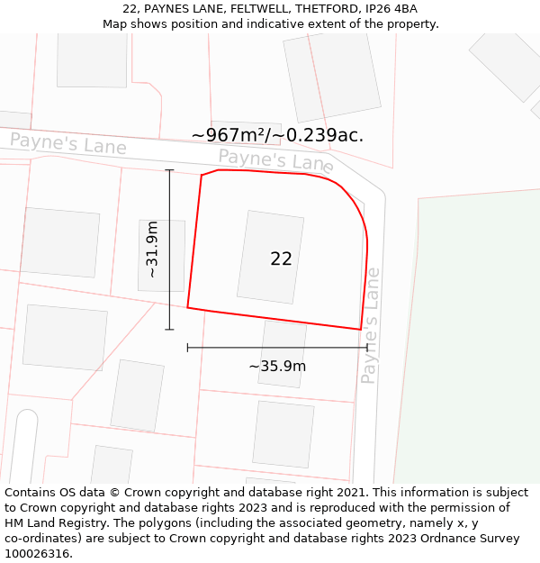 22, PAYNES LANE, FELTWELL, THETFORD, IP26 4BA: Plot and title map