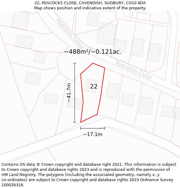 22, PEACOCKS CLOSE, CAVENDISH, SUDBURY, CO10 8DA: Plot and title map