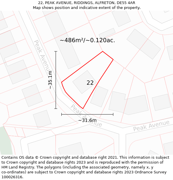 22, PEAK AVENUE, RIDDINGS, ALFRETON, DE55 4AR: Plot and title map