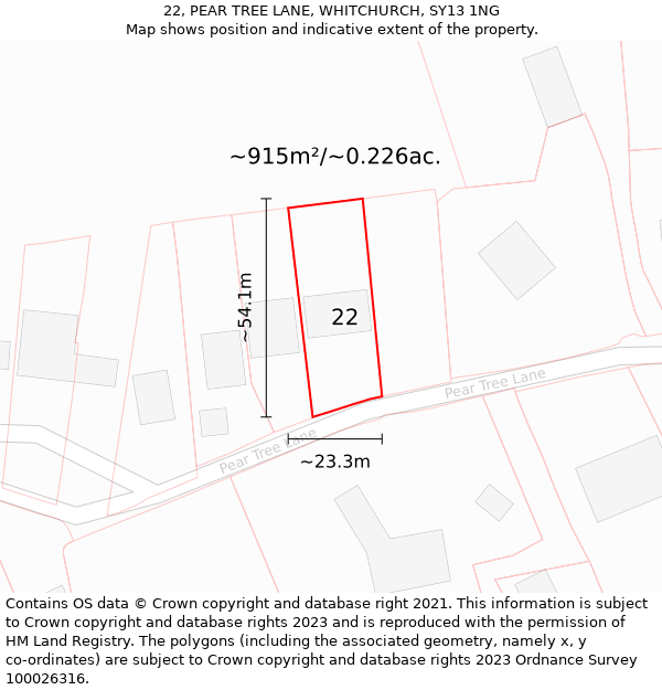 22, PEAR TREE LANE, WHITCHURCH, SY13 1NG: Plot and title map