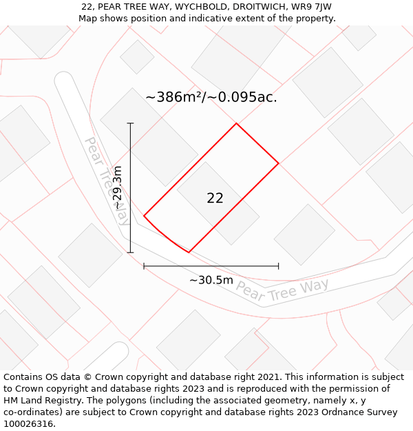 22, PEAR TREE WAY, WYCHBOLD, DROITWICH, WR9 7JW: Plot and title map