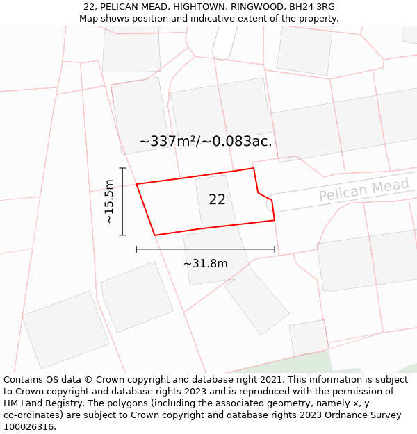 22, PELICAN MEAD, HIGHTOWN, RINGWOOD, BH24 3RG: Plot and title map