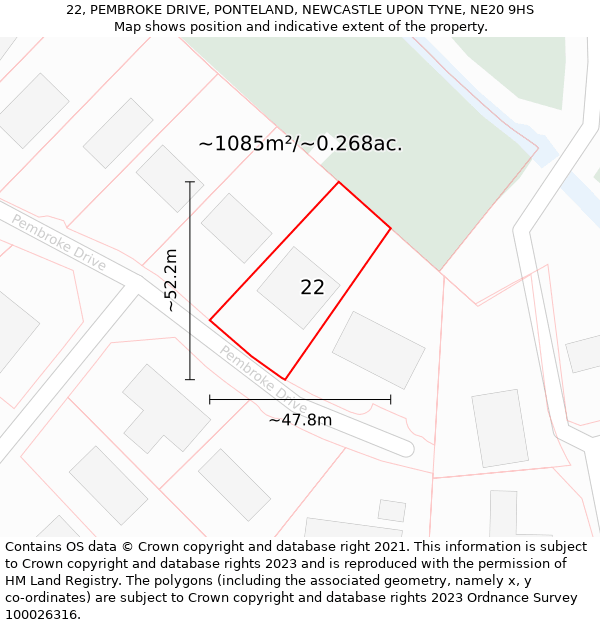 22, PEMBROKE DRIVE, PONTELAND, NEWCASTLE UPON TYNE, NE20 9HS: Plot and title map