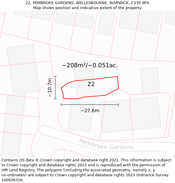 22, PEMBROKE GARDENS, WELLESBOURNE, WARWICK, CV35 9PX: Plot and title map