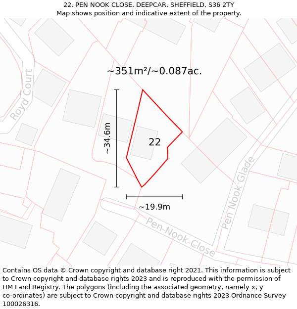 22, PEN NOOK CLOSE, DEEPCAR, SHEFFIELD, S36 2TY: Plot and title map
