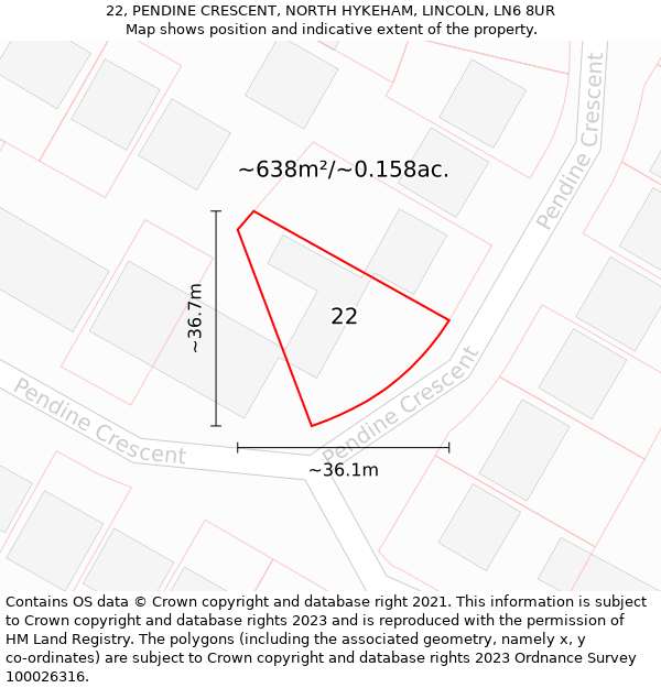 22, PENDINE CRESCENT, NORTH HYKEHAM, LINCOLN, LN6 8UR: Plot and title map
