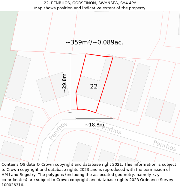 22, PENRHOS, GORSEINON, SWANSEA, SA4 4PA: Plot and title map