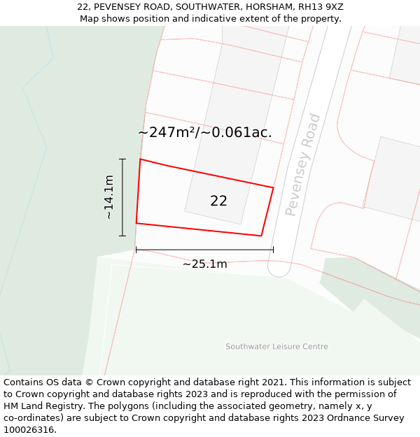 22, PEVENSEY ROAD, SOUTHWATER, HORSHAM, RH13 9XZ: Plot and title map