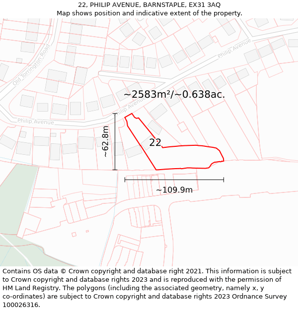 22, PHILIP AVENUE, BARNSTAPLE, EX31 3AQ: Plot and title map