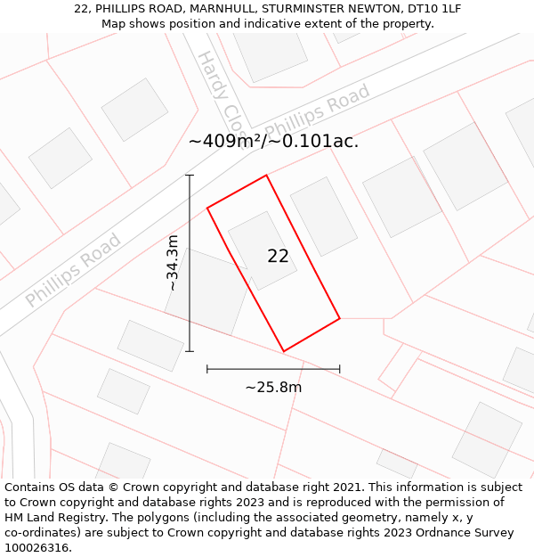 22, PHILLIPS ROAD, MARNHULL, STURMINSTER NEWTON, DT10 1LF: Plot and title map