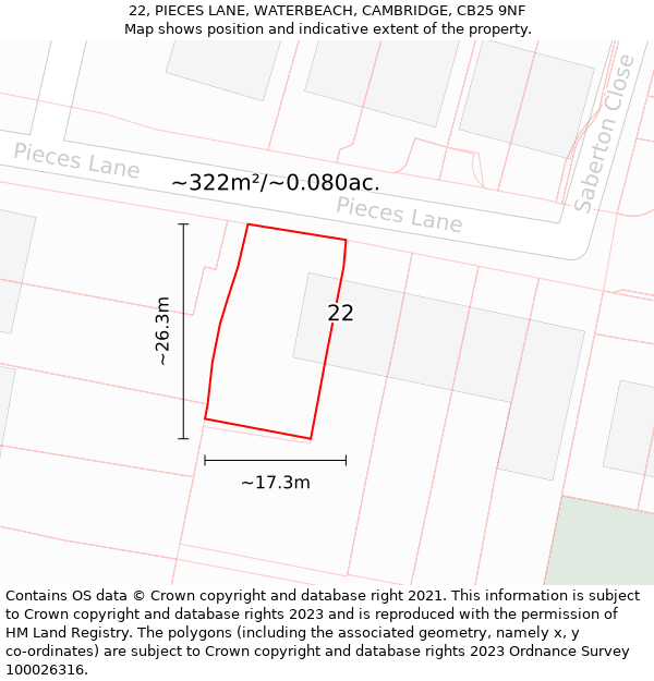 22, PIECES LANE, WATERBEACH, CAMBRIDGE, CB25 9NF: Plot and title map