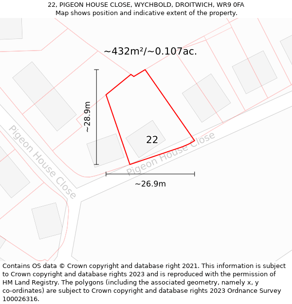 22, PIGEON HOUSE CLOSE, WYCHBOLD, DROITWICH, WR9 0FA: Plot and title map