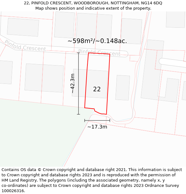 22, PINFOLD CRESCENT, WOODBOROUGH, NOTTINGHAM, NG14 6DQ: Plot and title map