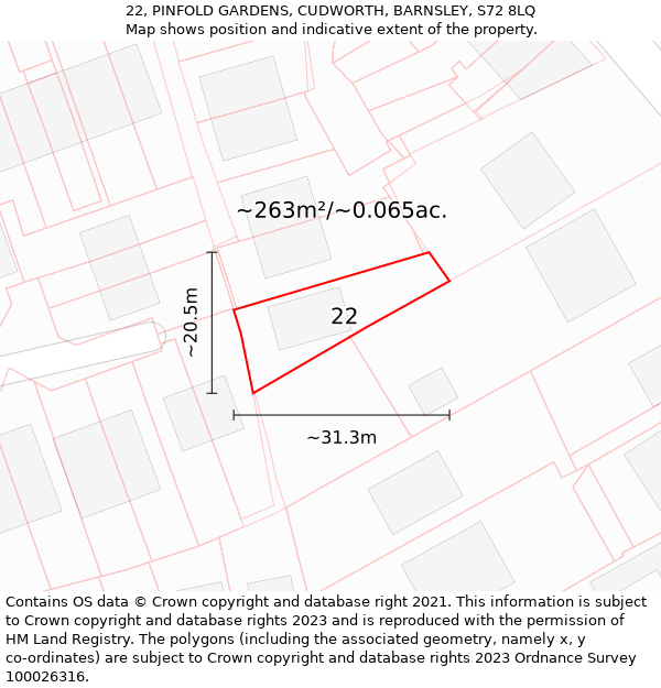 22, PINFOLD GARDENS, CUDWORTH, BARNSLEY, S72 8LQ: Plot and title map