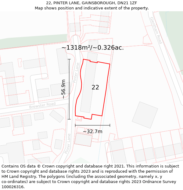 22, PINTER LANE, GAINSBOROUGH, DN21 1ZF: Plot and title map