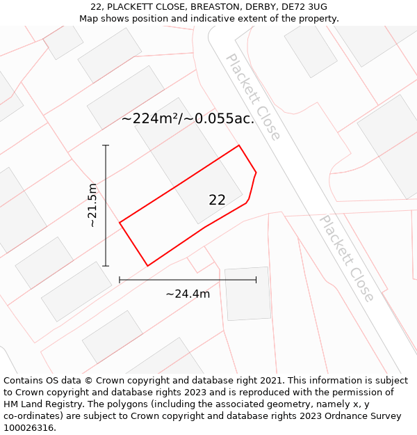 22, PLACKETT CLOSE, BREASTON, DERBY, DE72 3UG: Plot and title map