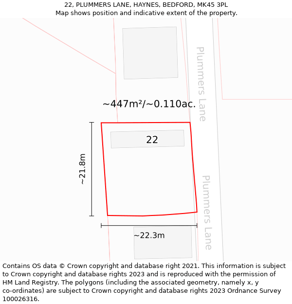 22, PLUMMERS LANE, HAYNES, BEDFORD, MK45 3PL: Plot and title map