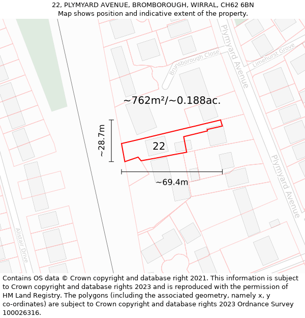 22, PLYMYARD AVENUE, BROMBOROUGH, WIRRAL, CH62 6BN: Plot and title map