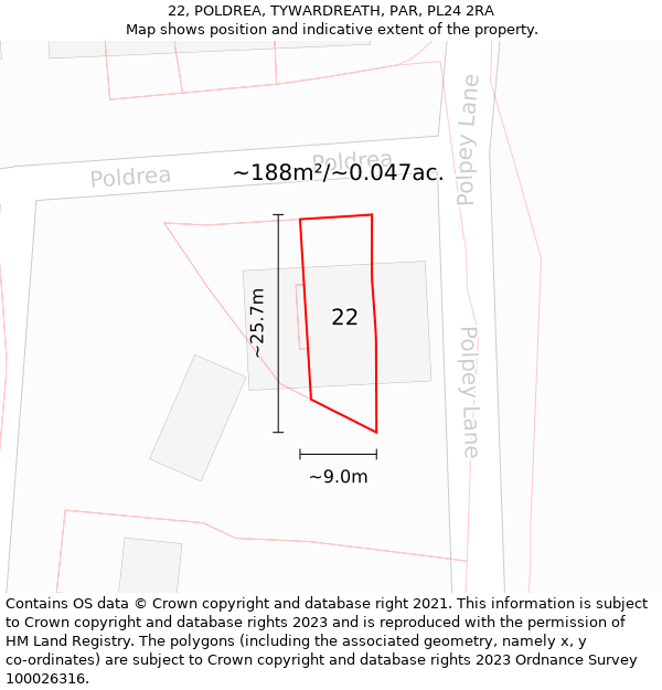 22, POLDREA, TYWARDREATH, PAR, PL24 2RA: Plot and title map