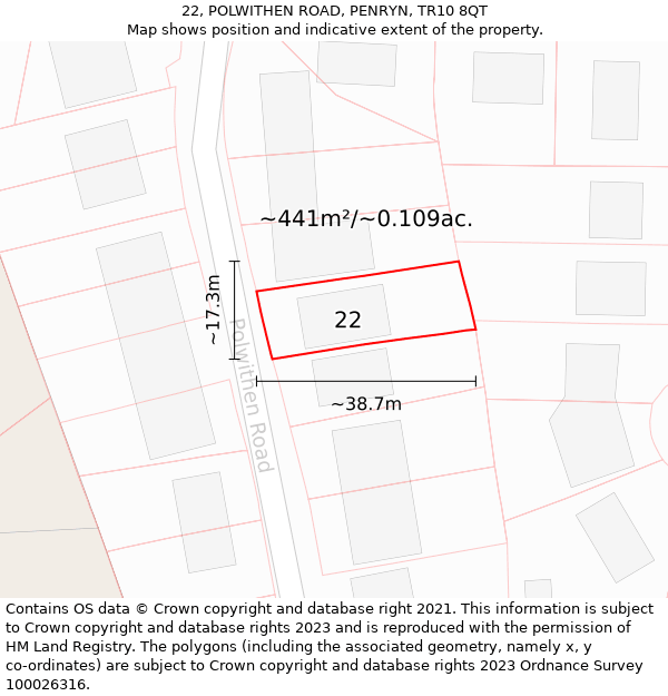 22, POLWITHEN ROAD, PENRYN, TR10 8QT: Plot and title map