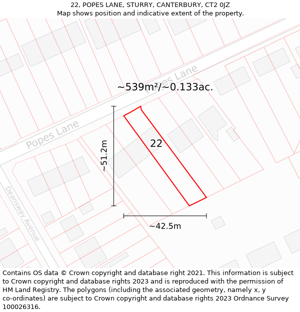 22, POPES LANE, STURRY, CANTERBURY, CT2 0JZ: Plot and title map