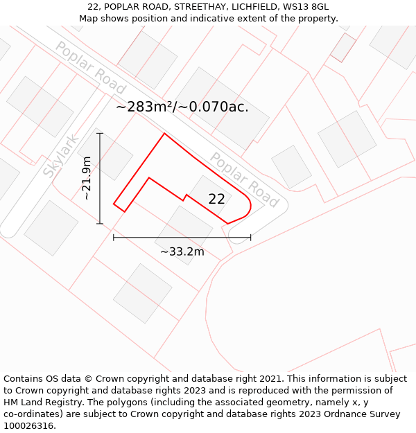 22, POPLAR ROAD, STREETHAY, LICHFIELD, WS13 8GL: Plot and title map