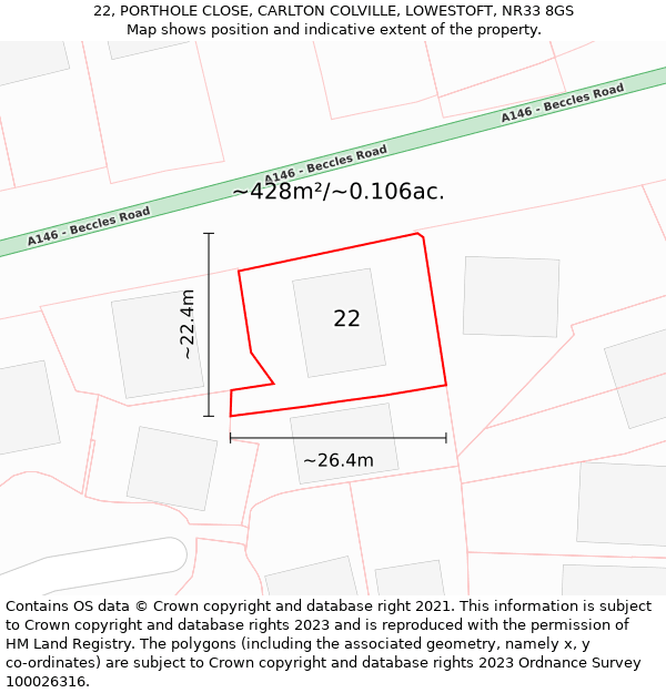 22, PORTHOLE CLOSE, CARLTON COLVILLE, LOWESTOFT, NR33 8GS: Plot and title map
