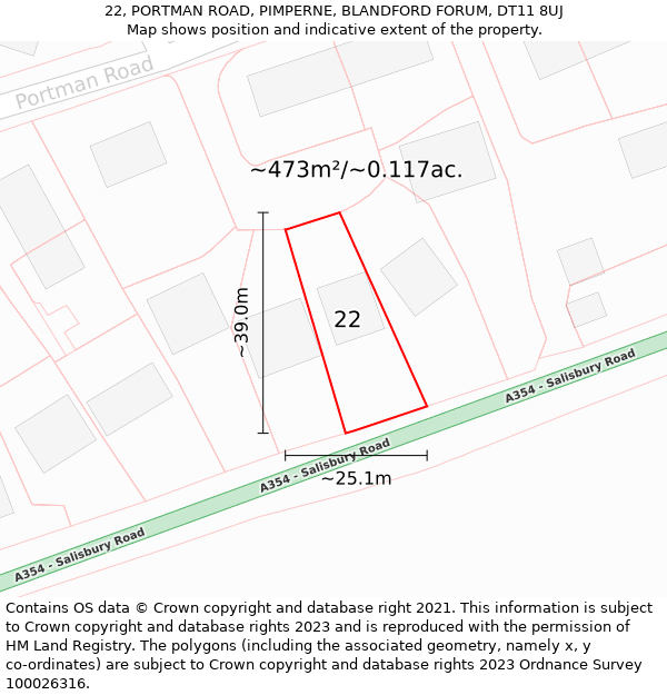 22, PORTMAN ROAD, PIMPERNE, BLANDFORD FORUM, DT11 8UJ: Plot and title map