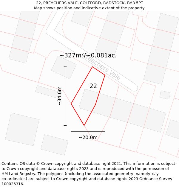 22, PREACHERS VALE, COLEFORD, RADSTOCK, BA3 5PT: Plot and title map