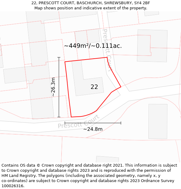 22, PRESCOTT COURT, BASCHURCH, SHREWSBURY, SY4 2BF: Plot and title map