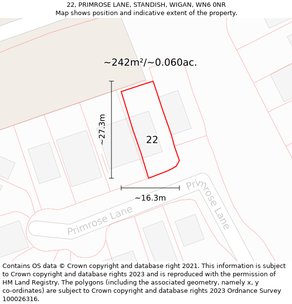 22, PRIMROSE LANE, STANDISH, WIGAN, WN6 0NR: Plot and title map