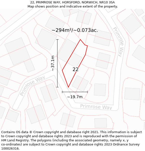 22, PRIMROSE WAY, HORSFORD, NORWICH, NR10 3SA: Plot and title map