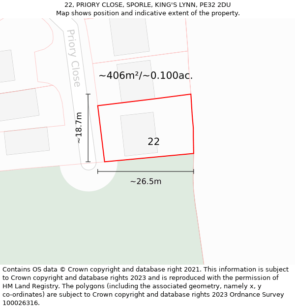 22, PRIORY CLOSE, SPORLE, KING'S LYNN, PE32 2DU: Plot and title map