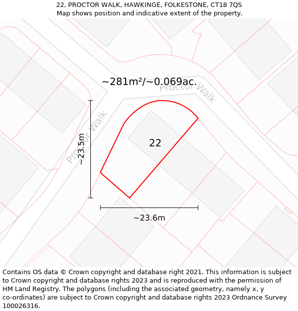 22, PROCTOR WALK, HAWKINGE, FOLKESTONE, CT18 7QS: Plot and title map